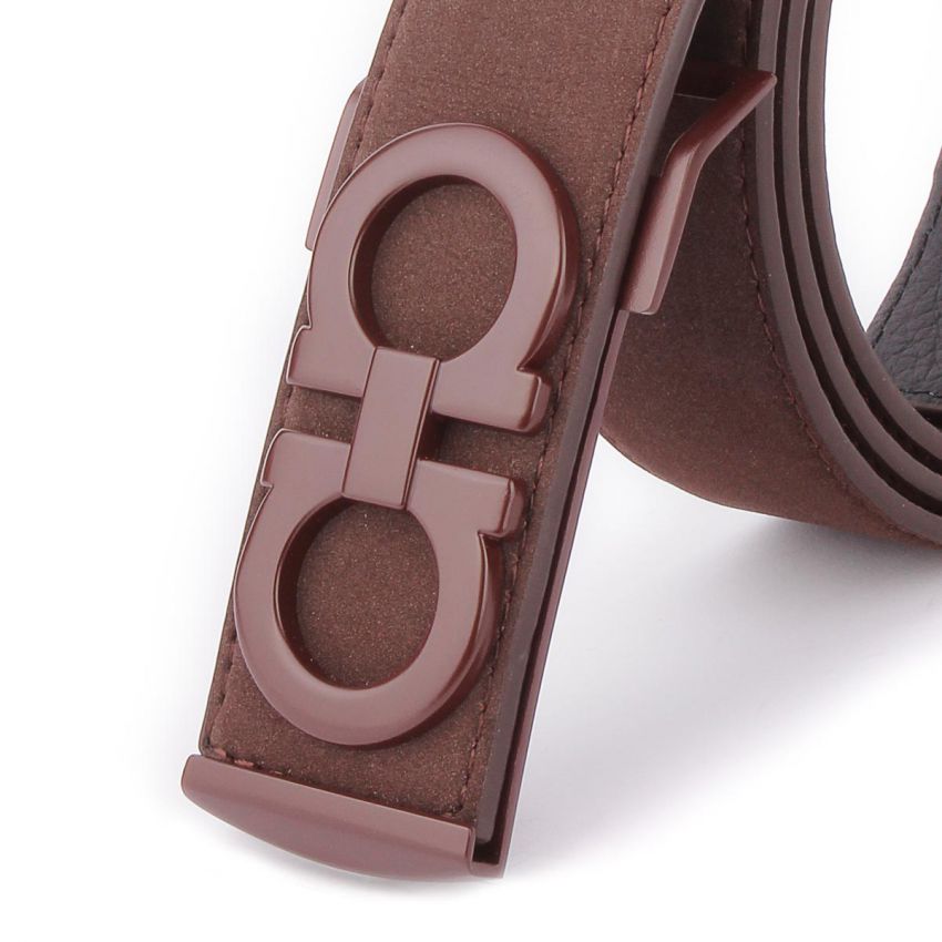 Double Gancio Brown Buckle Dark Brown Suede Belt